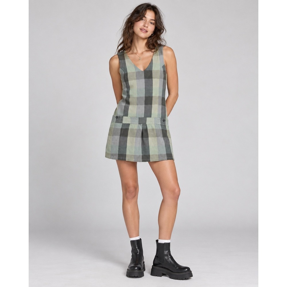 Volcom Plaid Wool Blend Drop Waist Dress L Y2K Grunge Skater Green Gray